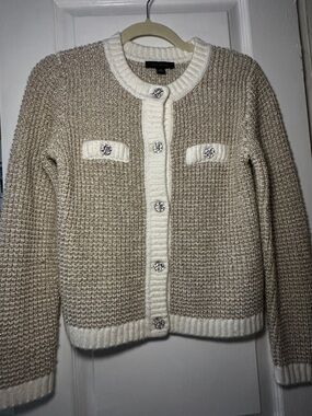 Anne Klein Beige and Cream Knit Jewel-Button Cardigan